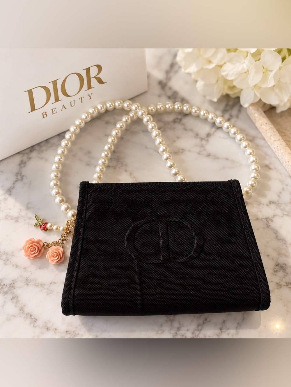 Dior Black Canvas Mini Bag with Pearl Strap and Floral Charms